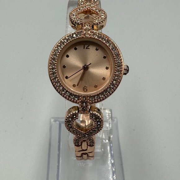 3/$30 Crystal Link Watch Women Rose Gold Tone Round Dial Working 7 in - Picture 1 of 14